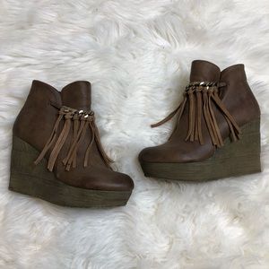 Sibecca Faux Leather Fringe Wedge Booties